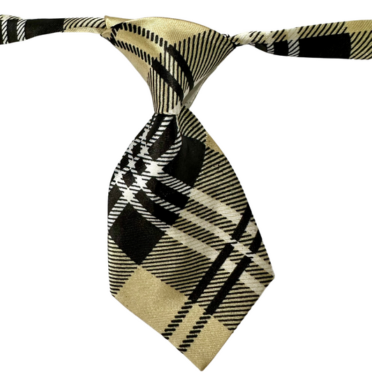 Silky Adjustable Business Tie  | Dogs and Cats | Beige Tartan