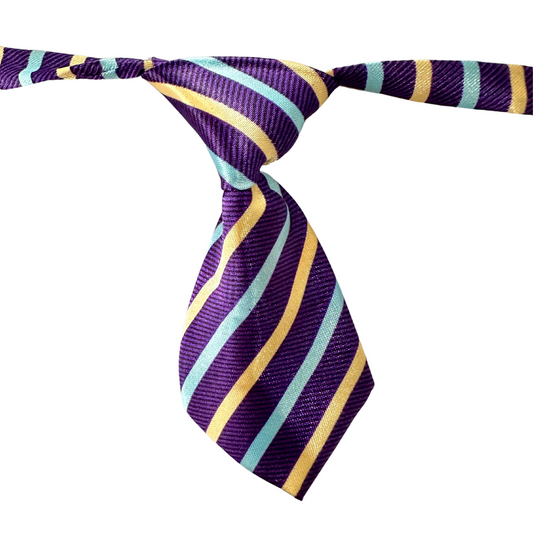 Silky Adjustable Business Tie | Dogs and Cats | Purple Blue Beige Stripe
